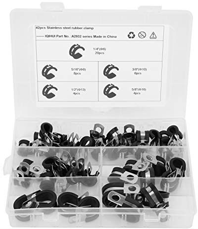 Pipe Clamp Assortment Stainless Steel R Type, 42pcs 5 Sizes 1 / 4in to 5 / 8in - Resistant, Easy Installation, for Industrial and Household Use