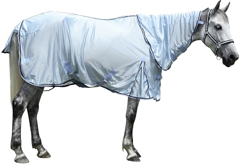 Gallopoff Couverture Anti-Mouches pour Chevaux, Mailles Larges Bleu 140 cm | Respirante, Légère, Protection UV, Ajustable, Encolure Standard, pour l'Été dans les Paddocks et les Écuries