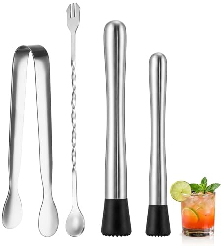 4 Pcs Muddler Set, Professional Cocktail Making Kit with Bar Spoon and Ice Tongs, Stainless Steel Muddlers for Home Entertaining and Party Hosting