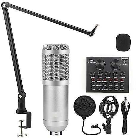 Microfono Studio V8 Scheda audio Kit alimentazione phantom Bm800 Microfono a condensatore for PC Registrazione computer Karaoke Streaming(Silver Mic kits 3)