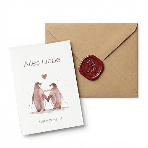 Sinnblatt Hochzeitskarte mit Umschlag, süße Glückwunschkarte Hochzeit für das Brautpaar. Romantische Karte zur Hochzeit als liebevolle Geschenkbeilage, Aquarell Pinguin Motiv für ewige Liebe.