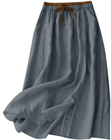 GMQWRK Falda midi de algodón y lino para mujer, cintura elástica con abertura, faldas de moda casual con bolsillos, falda de verano con aberturas, faldas midi para mujer, falda de uso diario y festivo