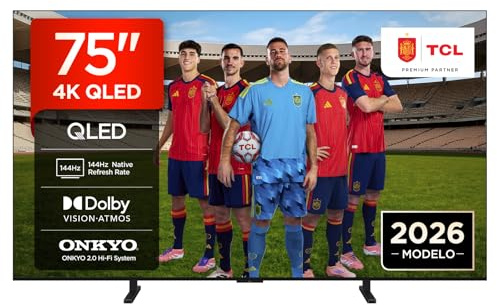 TCL 75A400 75 Pulgadas QLED 4K HDR10+ Smart TV, Diseño Ultrafino | Panel HVA, Dolby Vision & Atmos, Sonido Onkyo 2.0, 144Hz VRR, Google Cast, Apple AirPlay 2