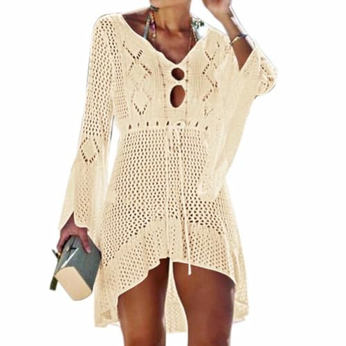Jinsha Mujer-Vestidos Verano-Ropa Punto-para Pareos-Playeros - Baño Bikini Cover Up Sexy V Cuello Fiesta Crochet Ganchillo Tejido Kaftan Camisola de la Playa Suelto Suave Cómodo Elegantes Mujer(Beige