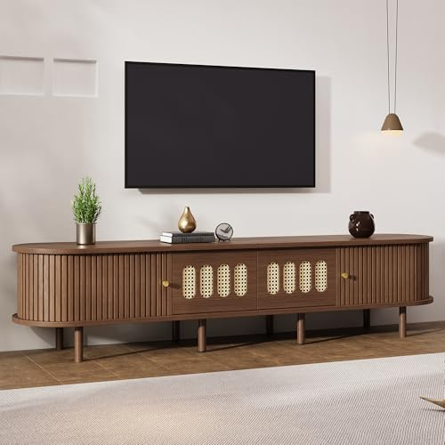 Merax Soporte de TV para televisores de hasta 80 pulgadas, mueble de TV de nogal con 2 cajones y 2 puertas de tambor, mesa de consola ovalada, armario de centro de entretenimiento con frente de efecto