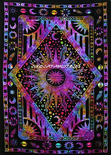 FUTURE HANDMADE Wandteppich mit Mandala-Motiv, Galaxie, Stern, Sonne, Mond, Batik, Wandbehang, indischer, psychedelischer Hippie-Stil, Strandtuch, Überwurf, bohèmetypischer Stil