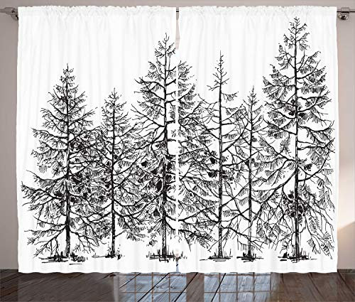 ABAKUHAUS Winter Rustikaler Gardine, Saisonale Kiefer Landschaft, Schlafzimmer Kräuselband Vorhang mit Schlaufen und Haken, 280 x 225 cm, Weiß Schwarz