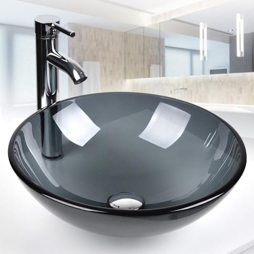 BELOFAY Modern Design Bathroom Counter Top Wash Basin Sink Black Glass, Glass Bowl Cloakroom Round Basin for Vanity Cabinet Toilets and Bathrooms 42x14x42cm WxHxL