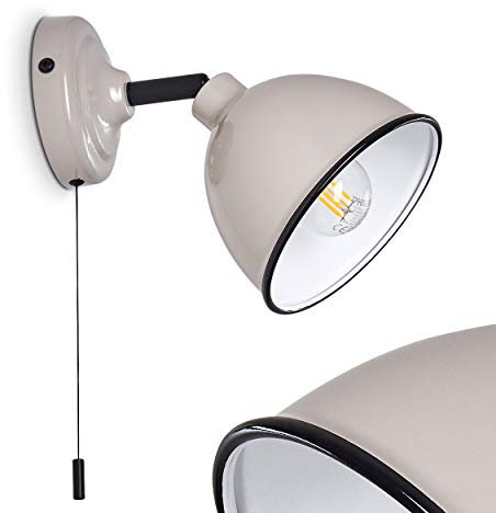 Lampada da parete Catharine, lampada da orientabile in metallo in grigio/bianco/nero, 1 luce, E14, spot da parete in design retrò, con cavo a strappo per accensione/spegnimento, senza lampadina/e