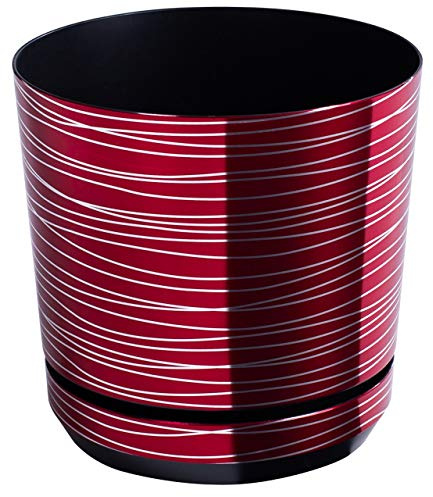 KORAD - Pot de fleurs avec soucoupe intégrée, décor 072, rouge avec fil argenté, diamètre 26 cm, pot pour plantes, en plastique, de haute qualité, avec trous de drainage