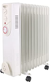 NRG 2.5KW 11 Fin Oil Filled Radiator Portable Electric Heater White, Timer | with Adjustable Thermostat