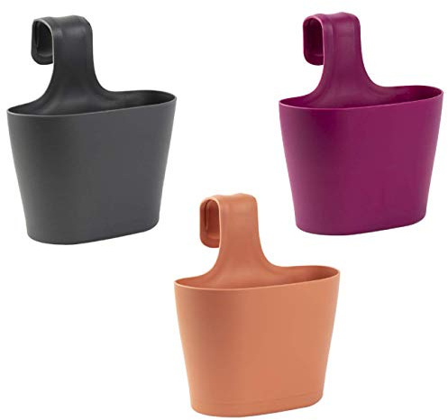 Engelland 3 x Blumentopf zum Aufhängen, Geländertopf, Hängetopf, Balkonkasten, Oval, Übertopf, Pflanzkasten mit Wasserspeicher/Wasserauffangschale, 2,8 Liter, Anthrazit, Rotbraun, Lila