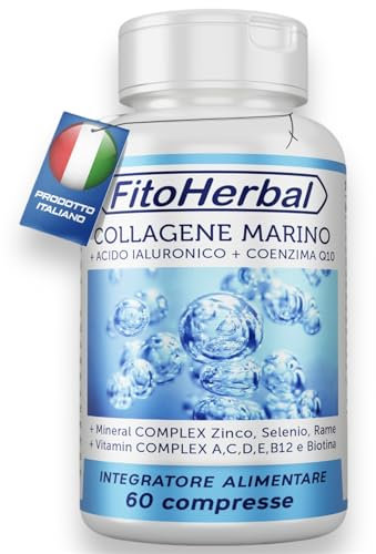 COLLAGENE MARINO CON ACIDO IALURONICO Coenzima Q10 | Compresse di Collagene Idrolizzato Potenziato con Vitamina Complex A C D E B12 Biotina Zinco Selenio Mantenimento Pelle Capelli Articolazioni Ossa