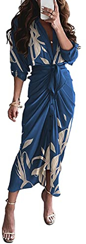 Onsoyours Abito Camicia Donna Casual Scollo V Abito Lungo Tinta Unita Vestiti Elegante Maniche Lunghe Abiti Stampa Floreale Maxi Vestito con Cintura