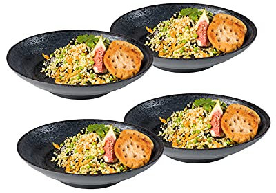 Lot de 4 assiettes creuses en mélamine - Vaisselle de camping - Noir - Avec décor