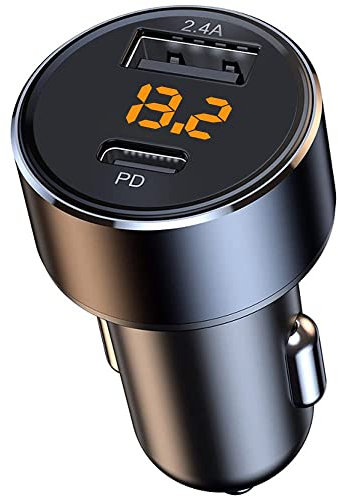 30W PD USB C Auto Ladegerät mit 18W USB-A Schnellladung & LED Spannungsanzeige – Kompakter Zigarettenanzünder-Adapter für iPhone, Samsung, Tablets (12V/24V)