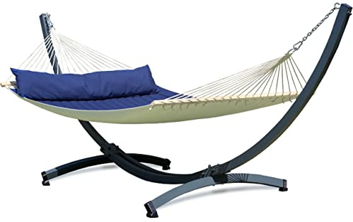 Potenza Outdoor Hängematte mit Tytan Gestell für 2 Personen I Panama - Stabhängematte XXL 210x140, 200kg I Hängemattengestell 350kg Wetterfest (Blau, Basic Gestell Graphit)