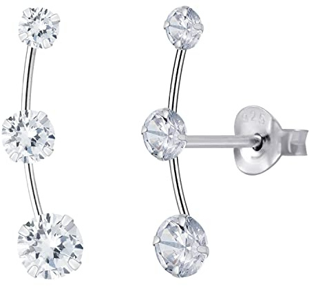LÖB Damen Ohrstecker 925 Silber Bogen mit Drei Zirkonia Glitzer Strass Steinen Ear Cuff Ohrringe Ohr Kletterer Lang