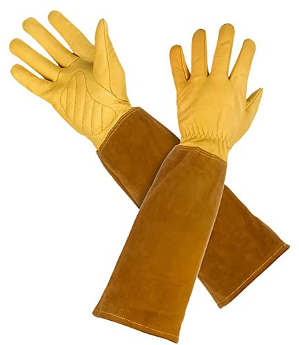 Gmjay Lange Rindslederärmel Handschuhe Komfort Stichfest Arbeitshandschuhe Wasserdicht für Das Beschneiden Von Rosengärten Gartenhandschuhe Aus Leder Für Damen Und Herren,Yellow,M