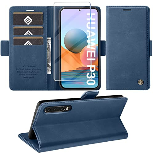 Giyer Handyhülle für Huawei P30 Hülle mit Schutzfolie, Standfunktion Kartenfach Wallet Premium Leder Schutzhülle P30 Flip Case Cover Stoßfeste Klapphülle P30 6.1 Zoll