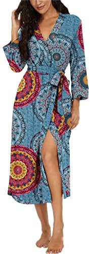 PrinStory Bademantel Für Damen Lang Weich Robe V-Ausschnitt Morgenmantel Gestrickt Lässig Kimono-Bademantel (FP-Mix Blau, S)