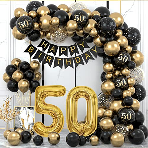 50 Geburtstag Deko, 50. Geburtstag Mann Frauen, 50 Jahr Geburtstagdeko, Happy Birthday Girlande Ballon Schwarz Gold Deko, Deko 50. geburtstag Konfetti Luftballons, Birthday Party Decorations