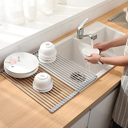 Phane Escurreplatos Enrollable Acero Inoxidable sobre Fregadero Secador de Rollos, Escurridor de Platos Fregadero para Secar Frutas, Verduras y Platos, Rejilla Plegable y Extraíble, Gris 52x32cm