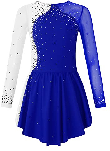 CHICTRY Kürkleider Eiskunstlauf Kinder Mädchen Strass Glitzer Rollschuhkleid Langarm Tanzbody Farbblock Patchwork Trikot Mit Wickelrock Dancewear