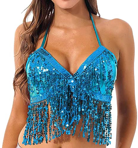 Pailletten Oberteil Damen Bauchtanz Top Kostüm Sexy Pailletten Crop Top Tanktops BH mit Festival Glitzer Fransen Quasten Ärmellos Shirt Glitzer Tanzkleidung für Karneval, Faschingskostüme (BU1, A)