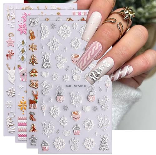3D Nagelsticker Weihnachten, 4 Blatt 5D Selbstklebend Nagelaufkleber Stereoskopisch Nail Art Sticker Dekoration Nageldesign Zubehör