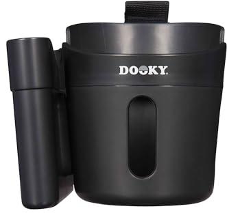 Dooky 2-in-1 Cup and Phone holder for Pram, Anti-Slip Rubber-Padded Layer for Extra Stability, Universal Fit, Adjustable Velcro Strap, 360 Degree Flexibility, BPA Free, Unbreakable, Shockproof, Black