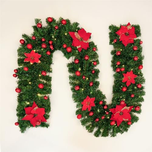 CULASIGN Weihnachtsgirlande,2.7M Tannengirlande künstlich Künstlich Adventskranz, Künstliche Girlande Weihnachtsdeko, für Treppengeländer Tür Kamine Innen Außen (Rot mit Licht)