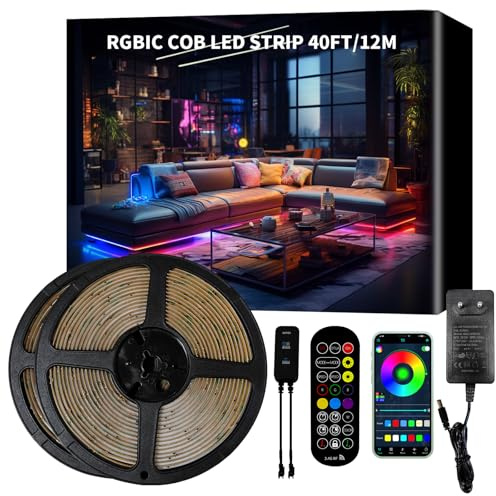 BUNACET RGB+IC COB LED Streifen Strip 12M 24V Dimmbar, Lichtband LED Band Leiste Lichtleiste Selbstklebend mit Netzteil RF Fernbedienung & App-Steuerung, Musik Sync für Küche Schlafzimmer Deko
