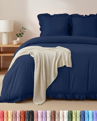 Utopia Bedding Housse de Couettet à Volants 220x240 cm avec 2 Taies d'oreiller 65x65 cm (Bleu Marine) - Parure de lit 220x240 cm - Ensembles de Housses de Couette en Microfibre brossée Douce