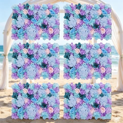 MooBeey 6 Stück DIY Deko Blumen Wandpaneele Hochzeit Hintergrund, Künstliche Blumen Wandhintergrund Seidenblumen Wand Panel, Dekorative Kunstblumen-Wandmatte Wanddekoration für Hochzeit Party (Blau)