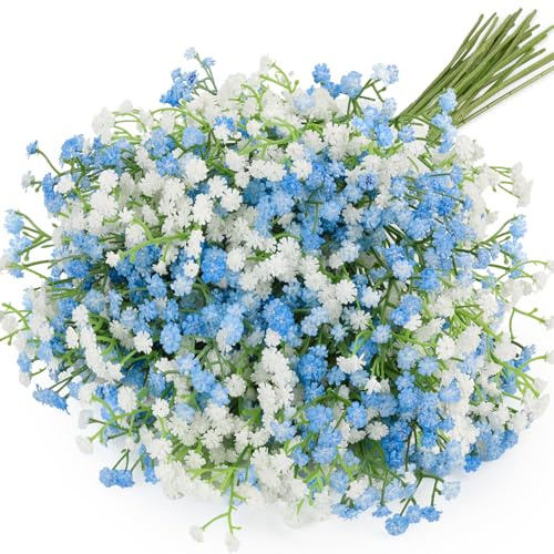 N&T NIETING Gypsophila Artificial Flowers, 15Pcs Baby Breath Flowers Artificial Fake Gypsophila for DIY Wedding Bouquet Party Table Centerpieces Flower Arrangements and Home Decor(Blue&White)