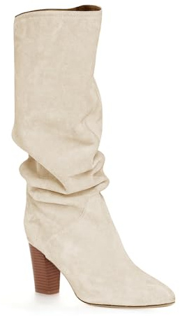 Coutgo Womens Slouchy Knee High Boots Wide Calf Chunky Heel Pointed Toe Pull On Long Boots Winter Shoes, Creamy, Size 9