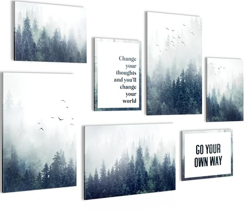 Novart Wandbilder Wald im Nebel - KOMPLETT AUFHÄNGFERTIG - mit Spruch Wohnzimmer Schlafzimmer - 7 Moderne Mood-Bilder - N018672a