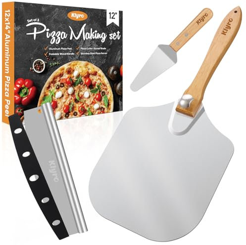 KLYRO Pizza Peel Aluminum Pizza Spatula Set, 12 x 14 Inch Metal Pizza Paddle with Foldable Wooden Handle, Pizza Rocker Cutter, Pizza Server, Pizza Oven Accessories for Baking Homemade Pizza Bread