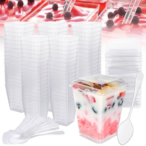 Oungy 100Pcs Mini Dessert Cups, 150ml/5oz Plastic Dessert Cups with Lids and Spoons, Clear Dessert Appetizer Cup Plastic Reusable Dessert Cup for Serving Desserts, Appetizers, Mousse