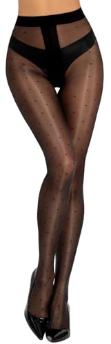MANZI Women's Sheer Polka Dots Shimmery Patterned Tights Shiny Silk Reflections Dotted Pantyhose Cute Shimmer Glossy Oil Pearlescent Stockings with Dots Sparkly Black Nylons with Designs(Black,L/XL)