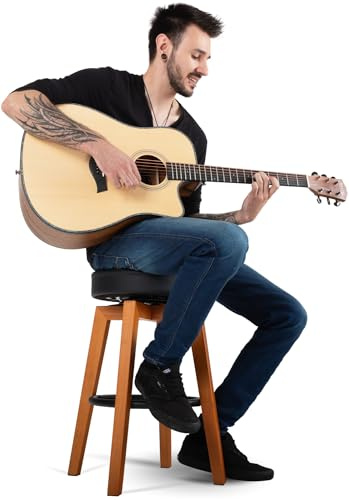 Classic Cantabile Pub-pall – låg barstol för gitarrister – gitarrpall med fotstöd – rund, vridbar sits av konstläder – sitthöjd: 63 cm – fyra ben av trä – naturfärger