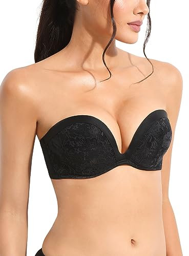 YANDW Push Up Strapless Bra Floral Lace Padded Add 2 Cups Multiway with Transparent Straps Underwire Strapless Bras, black, 34D