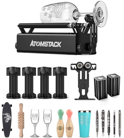 ATOMSTACK R3 Pro - Rodillo rotativo láser con 4 unidades de asiento elevado, 1 asiento de apoyo, 2 empujadores de ojo de buey, rodillo giratorio para cilíndrico, compatible con casi todas las máquinas