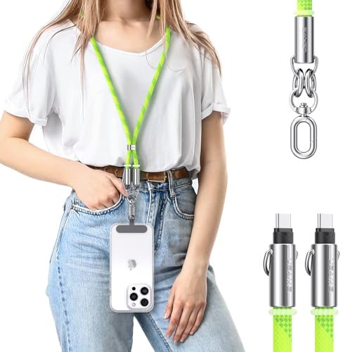 enablink Cadena universal para teléfono móvil, adecuada para todos los smartphones con 2 parches universales, 60W Cable USB C Cable de Carga Rápida, correa ajustable y extraíble 1.2M Verde
