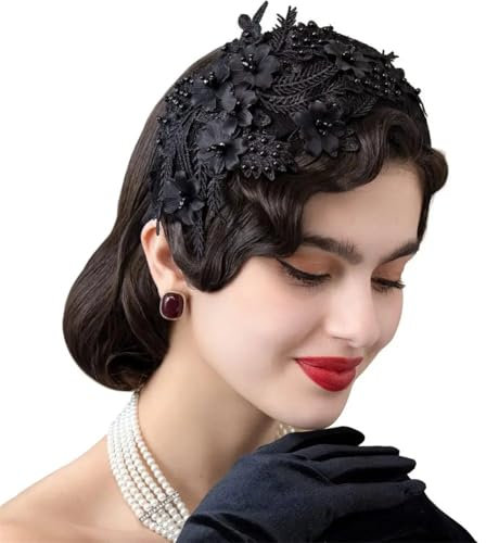OWEIEYEU Damen-Fascinator-Stirnband aus Spitze, für Teepartys, Vogelkäfig-Schleier, Stirnband, 1920er-/50er-Jahre-Kirchenhüte, Schwarz , Einheitsgröße