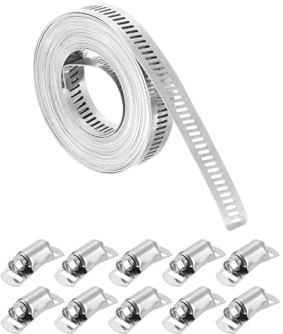 sourcing map Colliers de serrage en acier inoxydable 304, sangle en métal de 4 m + kit de 10 fixations plus solides, colliers de serrage réglables pour tuyau de refroidisseur intermédiaire, tuyau de