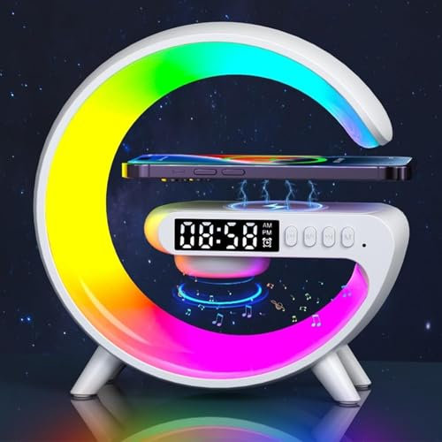 Voncerus Wireless Speaker, G Shape Table Lamp,Atmosphere Night Light with Wireless Charging Function, Bedside Lamp with Alarm Clock & Charging Function,Gifts