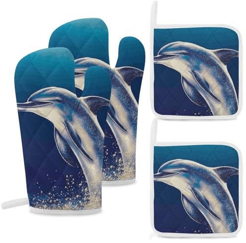 Glitter Dolphin Oven Mitts and Pot Holders Sets of 4 High Heat Resistant Non-Slip Oven Gloves Hot Pads Cooking Gloves for Kitchen Cooking Baking Grilling BBQ