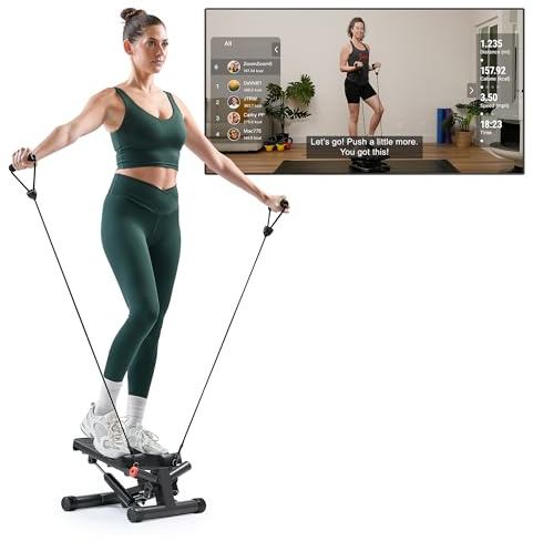 Sunny Health & Fitness Smart Twist Stepper with Resistance Bands, Bluetooth App Connectivity, Adjustable Step Height, 300 LB Capacity, Compact Mini Stair Step Machine
